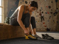 Best Beginner Climbing Shoes the Gym Won’t Sell You Beginner climber lacing up La Sportiva Finale shoes on a gym bench before a top-rope session