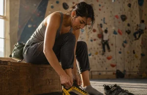 Best Beginner Climbing Shoes the Gym Won’t Sell You Beginner climber lacing up La Sportiva Finale shoes on a gym bench before a top-rope session
