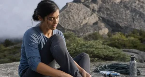 Best Climbing Shoes for Women That Won’t Wreck Your Feet Woman lacing La Sportiva Katana Lace climbing shoes at the base of a granite crag before her first route