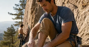Best La Sportiva Climbing Shoes by Discipline Climber lacing a La Sportiva Katana Lace shoe on warm granite at a crag before a route