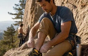 Best La Sportiva Climbing Shoes by Discipline Climber lacing a La Sportiva Katana Lace shoe on warm granite at a crag before a route
