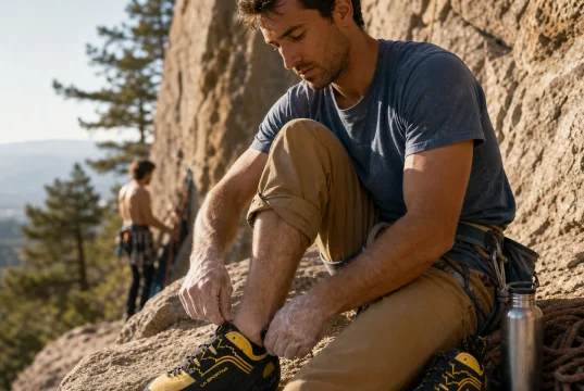 Best La Sportiva Climbing Shoes by Discipline Climber lacing a La Sportiva Katana Lace shoe on warm granite at a crag before a route
