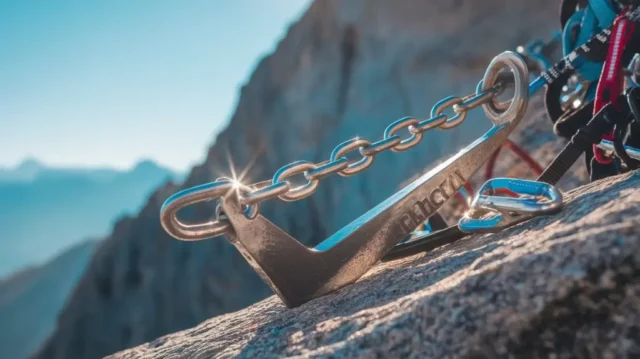 A close-up of a sturdy anchor chain secured to a rocky cliff, glistening in sunlight, with climbing gear like carabiners and harnesses nearby, set against a backdrop of a clear blue sky and distant mountains.