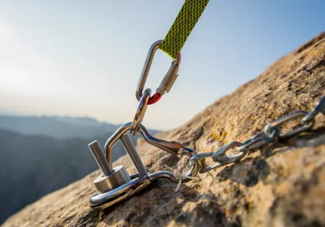 Secure connection of a modern PAS (Personal Anchor System) to a fixed rock climbing anchor with a locking carabiner, representing the ultimate guide to anchor chains.