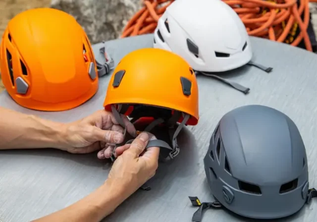 Three different types of modern climbing helmets (foam, hybrid, hardshell) displayed for review with hands evaluating one, highlighting key selection factors for the best climbing helmet.