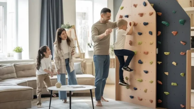 Happy family enjoying a stylish children's climbing wall at home