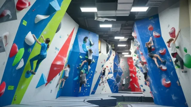 Indoor climbing gym with walls of varying difficulty levels catering to different climbing skills