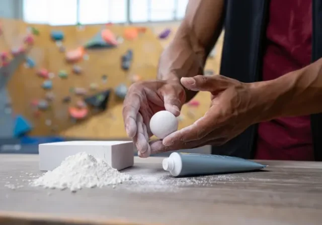 A collection of different climbing chalk types (loose, block, ball, liquid) arranged on a wooden table, with diverse hands selecting a chalk ball, symbolizing mastering climbing chalk.