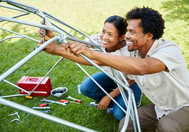 Adults successfully completing easy assembly of a climbing dome, revealing secrets from top reviews.