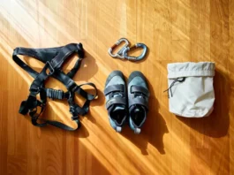 Essential climbing gear laid out: climbing shoes, harness, belay device, locking carabiner, and chalk bag.