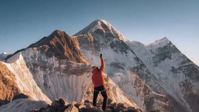 Mount Everest summit with climber holding smartphone, exploring phone longevity in extreme conditions.