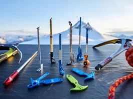 Flat lay of various lightest ice screws, top choices for alpinists in 2025, on a slate background with an alpine peak blurred behind.