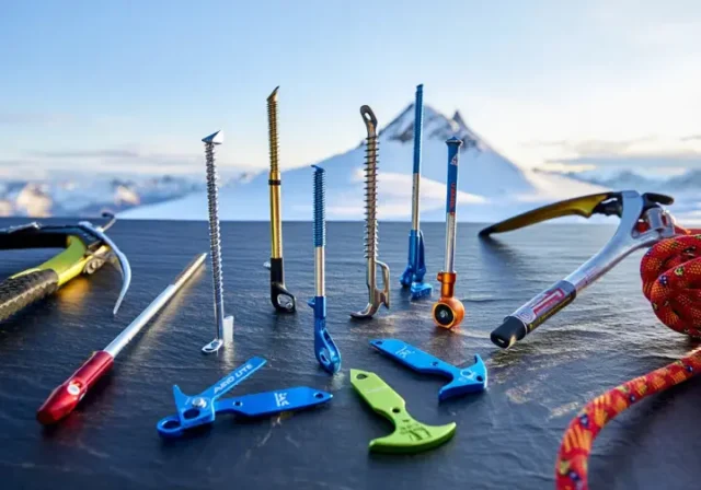 Flat lay of various lightest ice screws, top choices for alpinists in 2025, on a slate background with an alpine peak blurred behind.