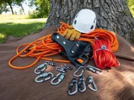 Essential tree climbing gear including saddle, rope, helmet, and tools laid out, emphasizing items you don't climb without.
