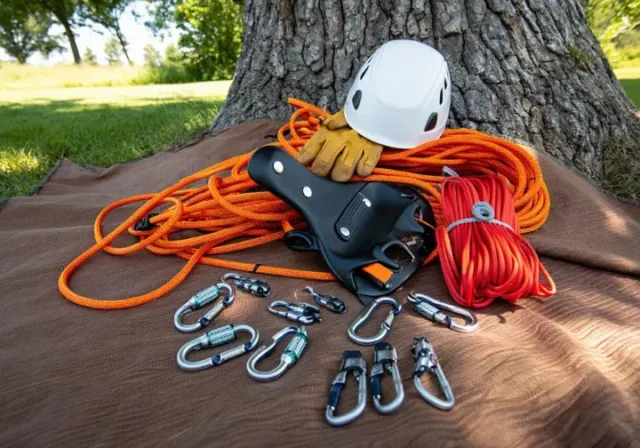 Essential tree climbing gear including saddle, rope, helmet, and tools laid out, emphasizing items you don't climb without.