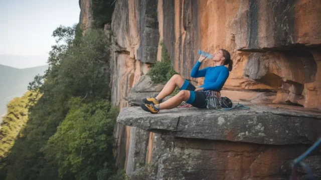 Climber taking a restful pause on a scenic rock face, enhancing climbing experience through an unplanned break.