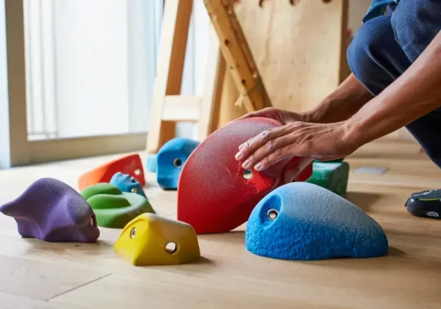 Diverse selection of top climbing hold sets laid out for choosing which ones to put on a home wall.