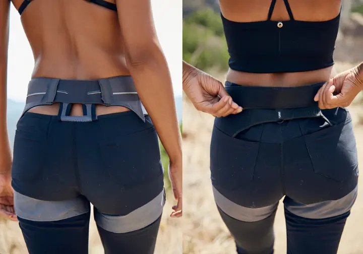 Decoding climbing pant fit, showing contrast between waist gap and snug harness-compatible waistband.