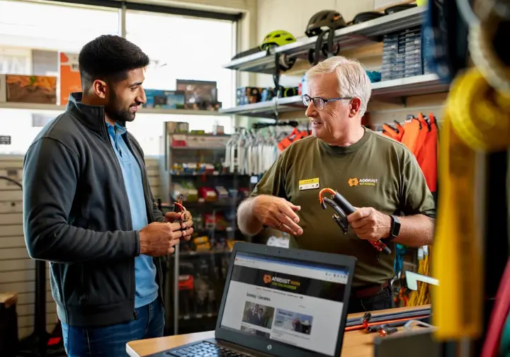 Climber interacting with expert staff in a specialist tree climbing store, with background elements subtly showing online and general outdoor store options, illustrating the retail landscape.