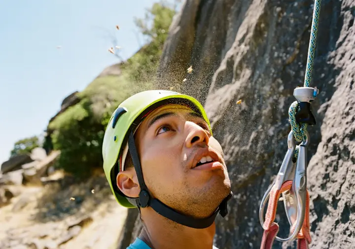 Climber at a crag reacting with relief after a small rockfall glances off his climbing helmet, illustrating why every climber needs a helmet and understanding the risks.