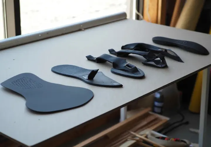 A deconstructed women's climbing shoe with its components like the outsole, midsole, upper, and rand clearly displayed, explaining the shoe's anatomy.