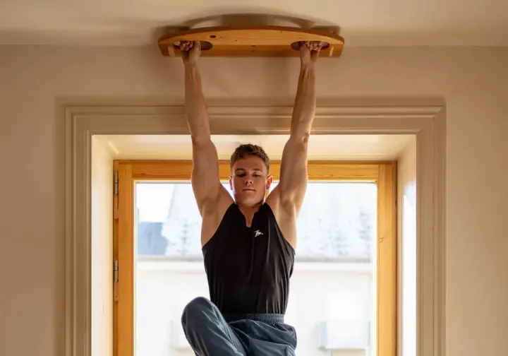 Climber boosting training and performance by using a wooden hangboard for home strength training.