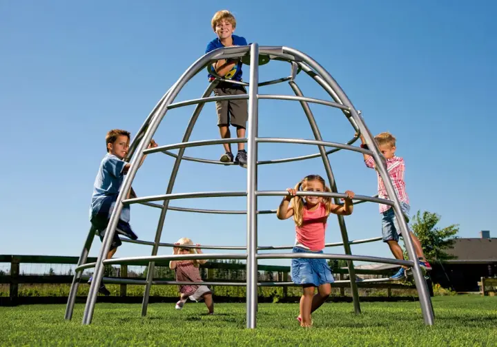 Diverse children unlocking developmental benefits by actively climbing on a backyard dome.