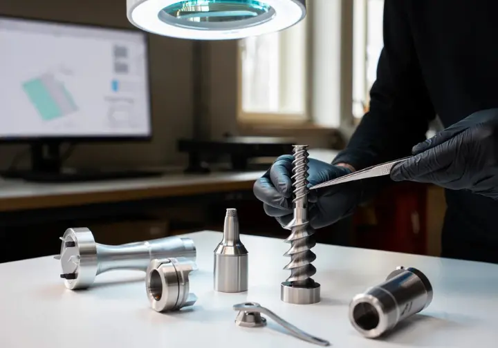 Deconstructed view of a 2025 ultralight ice screw, highlighting material and design technology, with hands examining components.