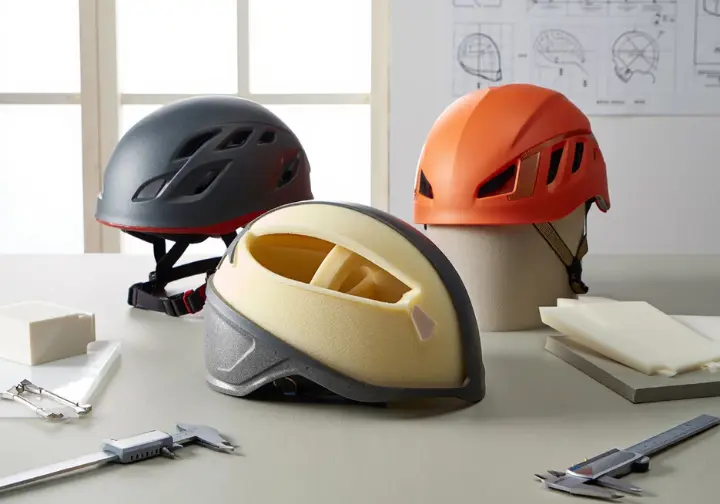 Three types of climbing helmets (hardshell, shelled foam, hybrid) displayed with some components or cutaways revealed to decode their distinct construction and technology.