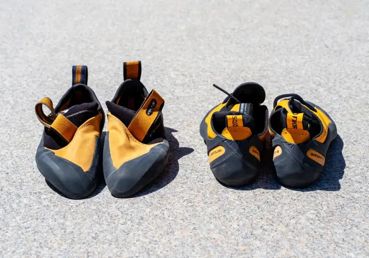Aggressive downturned vs. flat La Sportiva climbing shoes compared, showing factors defining ideal fit.