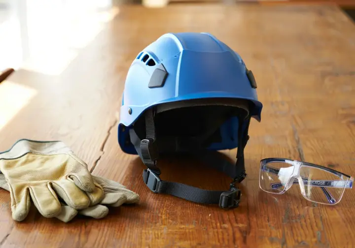 Essential tree climbing PPE laid out as a first defense: certified helmet, safety glasses, and durable gloves.