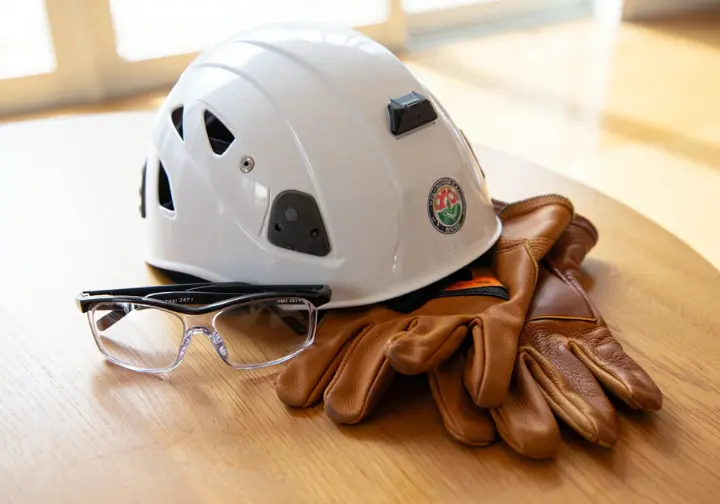 Essential tree climbing PPE laid out: certified helmet, safety glasses, and durable gloves.