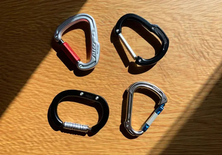Selection of different types of rated climbing carabiners (HMS, Offset D, non-lockers) for choosing the right one.