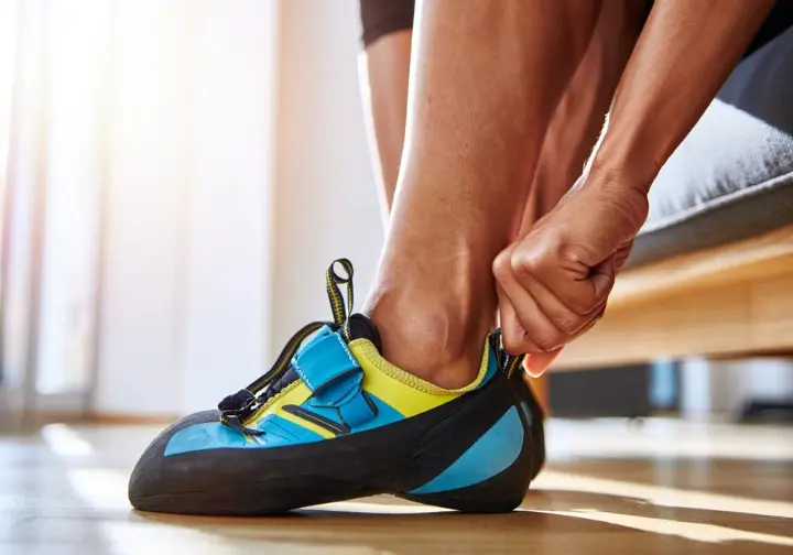 Close-up on a woman's foot easily slipping into a women's climbing shoe, capturing the comfortable and secure 'Cinderella fit,' illustrating how they should ideally feel.