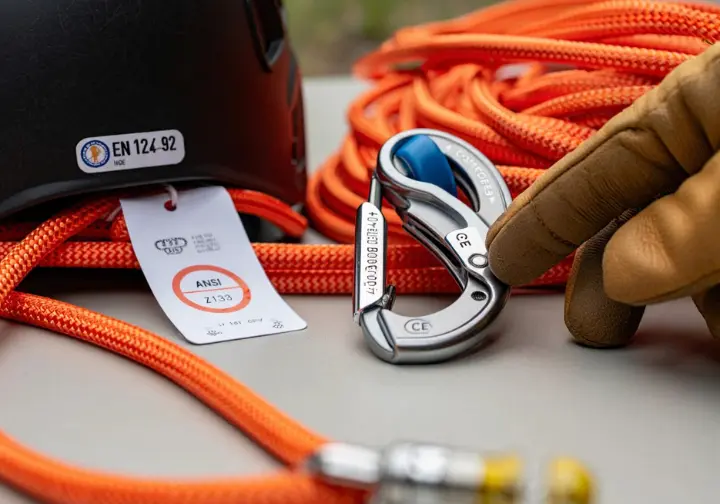 Close-up of ANSI, CE, and EN safety certification marks on various tree climbing gear items, with a hand pointing to a mark, decoding standards found in stores.