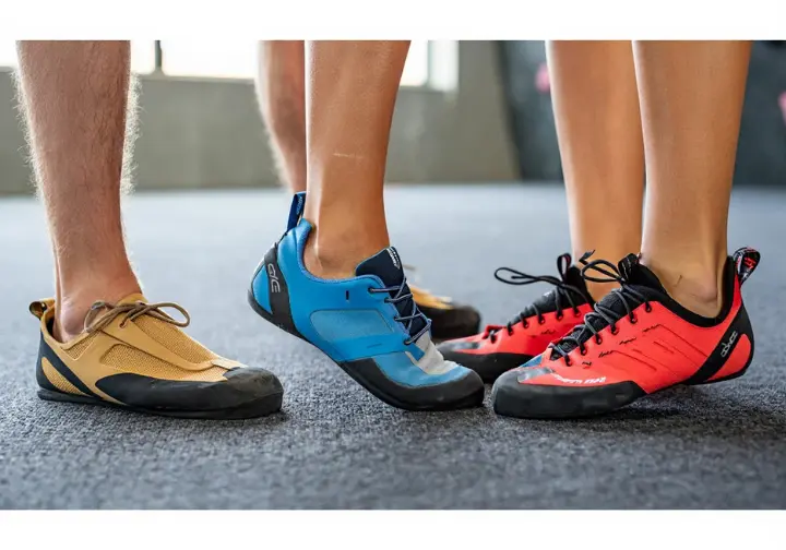 Three different climbing shoe styles (beginner, sport, bouldering) worn, showing factors influencing fit choice.