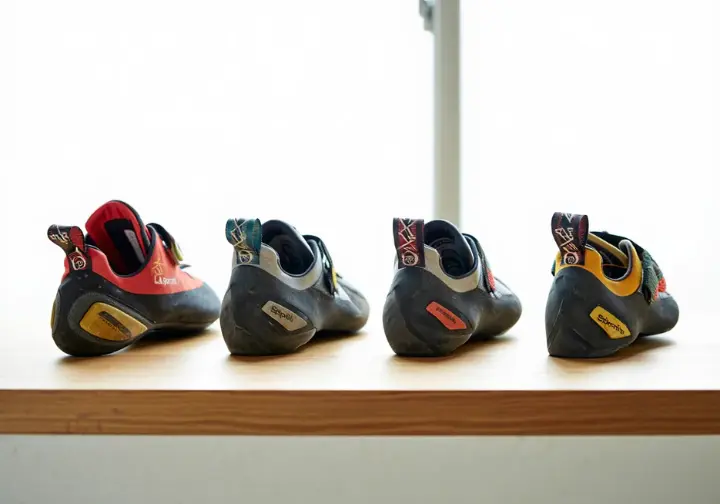 Spotlight display of popular La Sportiva climbing shoe models like Solution, Miura, Katana Lace, and TC Pro.