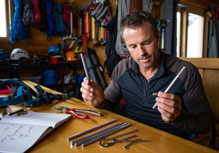 Alpinist carefully selecting various lengths of lightest ice screws for his arsenal, referencing a notebook, in a gear room.