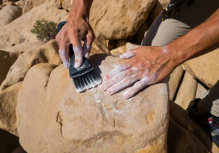 Damian Cook climber's legacy: Close-up of hands and brush on unique limestone at "Damian's Boulders", representing his bouldering feats.