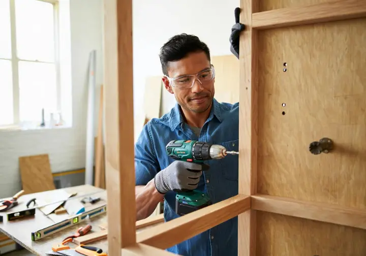 Parent carefully building the frame of a DIY home children's climbing wall in a workshop, focusing on safe and engaging construction.