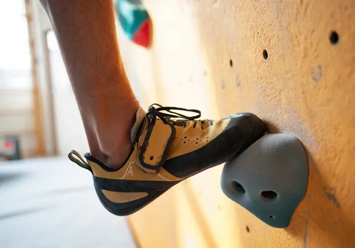 Mastering the fit check: Person testing for heel lift while trying on climbing shoes to ensure a secure fit.