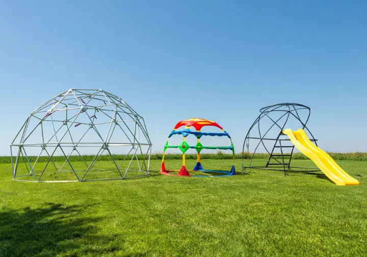 Comparison display of three different top-rated backyard climbing dome picks for families.