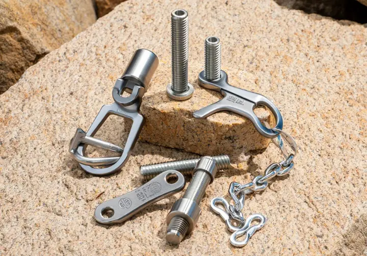 Various fixed rock climbing anchor components like expansion bolts, glue-in bolts, hangers, chains, rappel rings, and quicklinks displayed on granite, for understanding their materials.