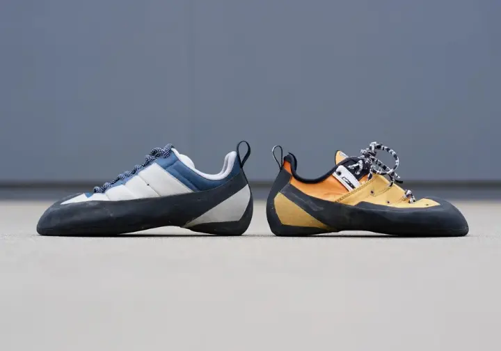 A direct comparison highlighting the design differences between a standard volume climbing shoe and a women-specific low volume (LV) model, decoding their unique fits.