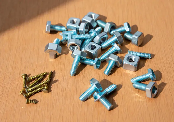 Essential climbing hold hardware: screw-in T-nuts, bolts, and set screws laid out on plywood.