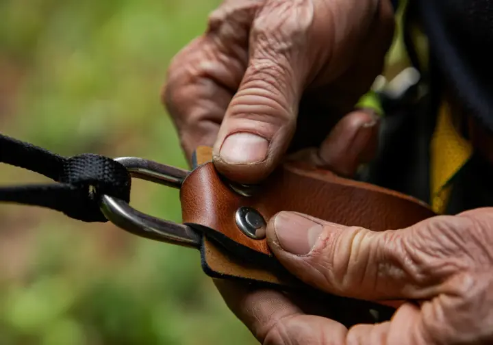 Arborist demonstrating critical safety knowledge by meticulously inspecting a tree climbing saddle before use.
