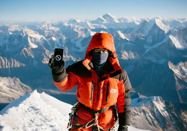Summit connectivity status: Smartphone showing "No Service" near the peak of Mount Everest, highlighting unreliable cell signal.