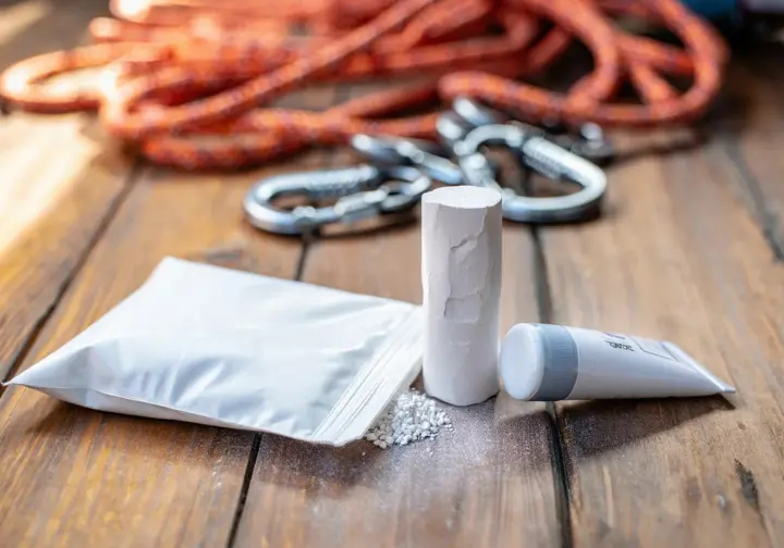 A selection of expertly picked, top-rated climbing chalk products (loose, block, liquid) displayed attractively, representing choices for every climber's needs.