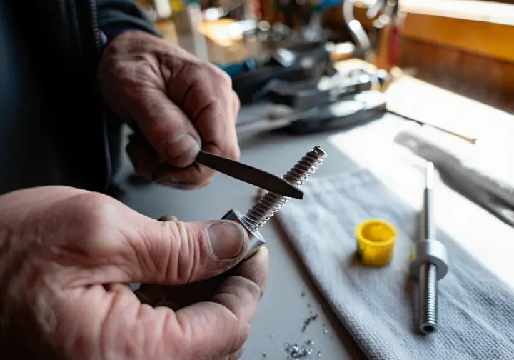 Close-up of alpinist's hands carefully sharpening the steel teeth of a lightweight ice screw, showcasing best practices.