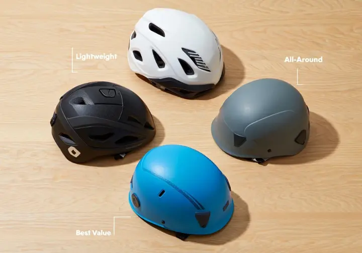 A flat lay of several top-rated climbing helmets from different categories (e.g., overall, lightweight, value, MIPS), professionally presented for reviews and recommendations with subtle identifying icons.